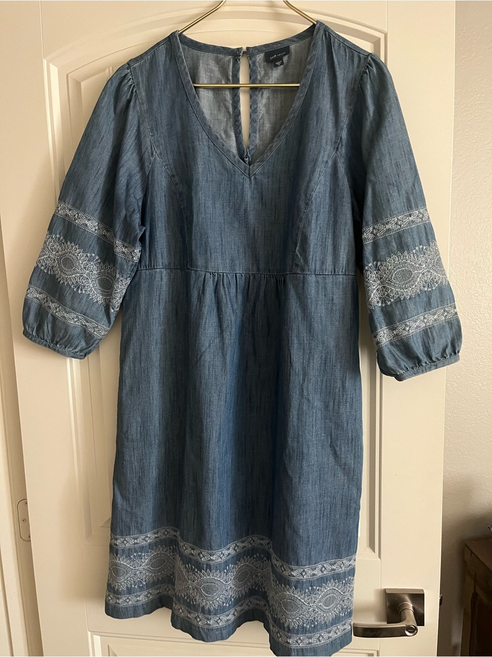J. Jill Chambray Blue Embroidered V-Neck Dress